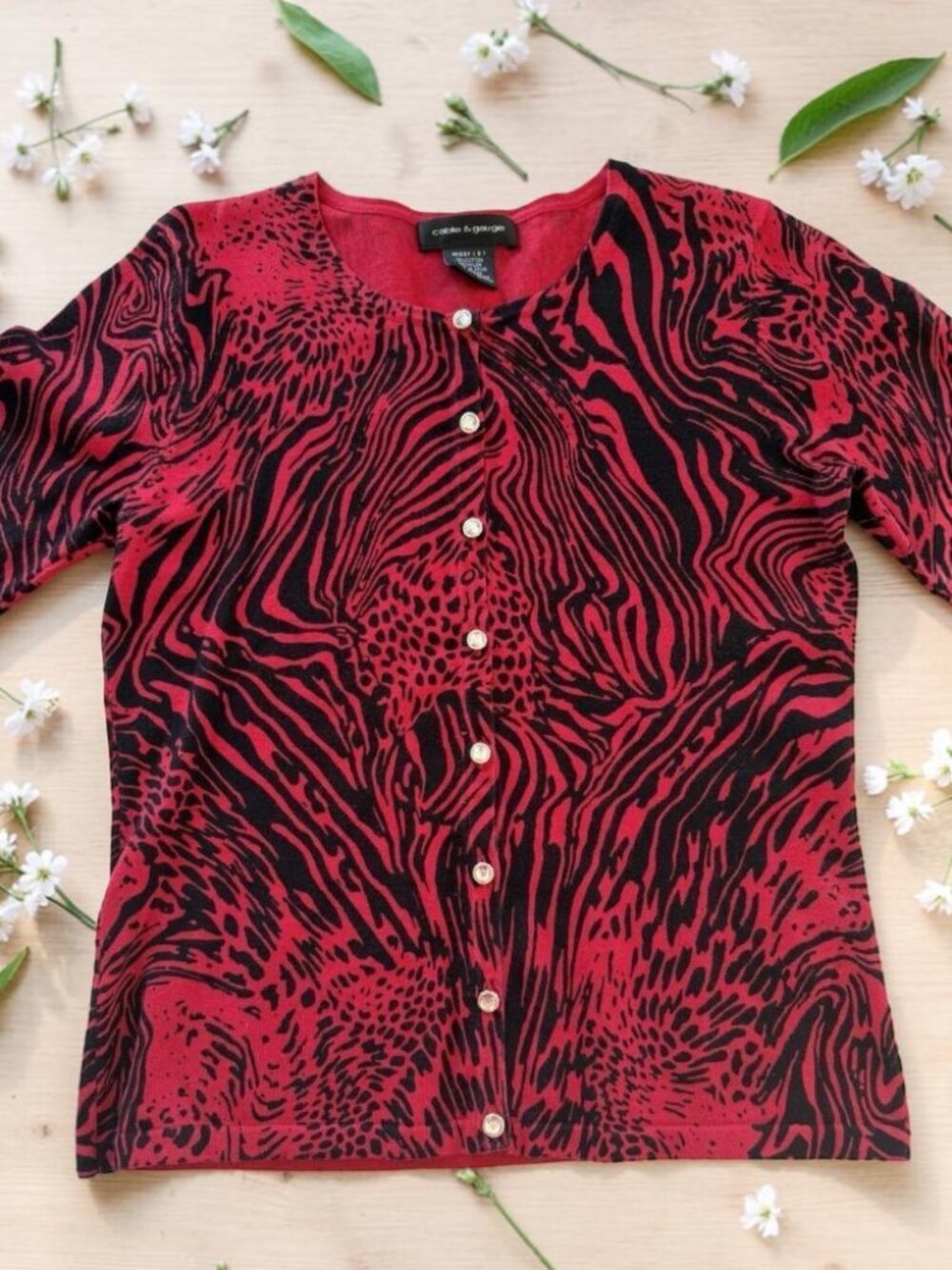 Animal Print Cardigan Rhinestone Button 3/4 Slv Red Black Women S Cable & Gauge